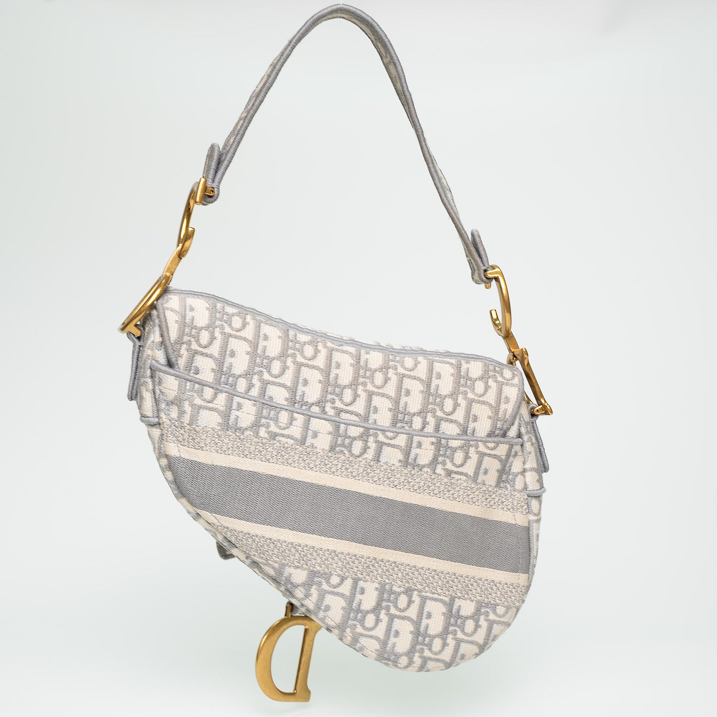 Christian Dior White & Grey Oblique Canvas Saddle Handbag