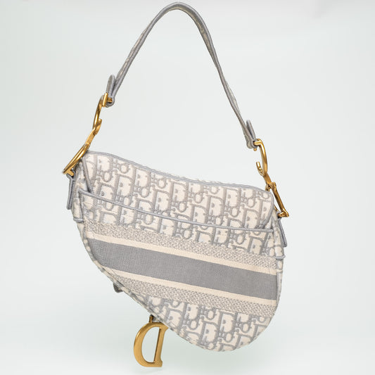 Christian Dior White & Grey Oblique Canvas Saddle Handbag