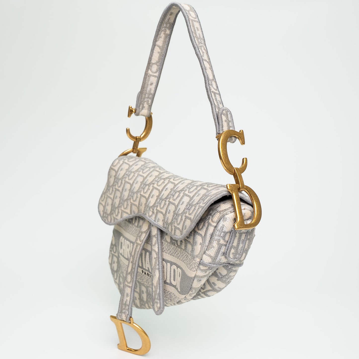 Christian Dior White & Grey Oblique Canvas Saddle Handbag