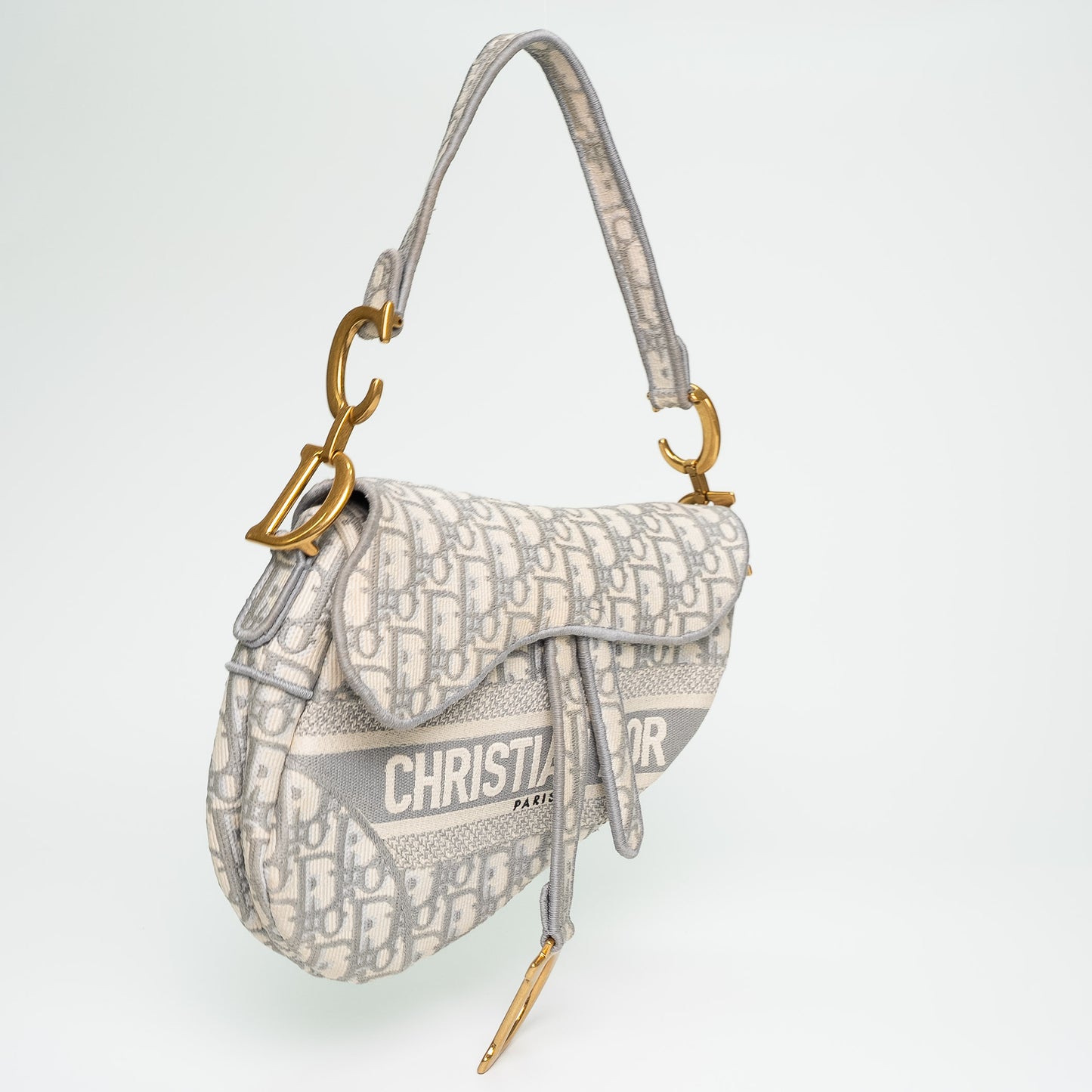 Christian Dior White & Grey Oblique Canvas Saddle Handbag