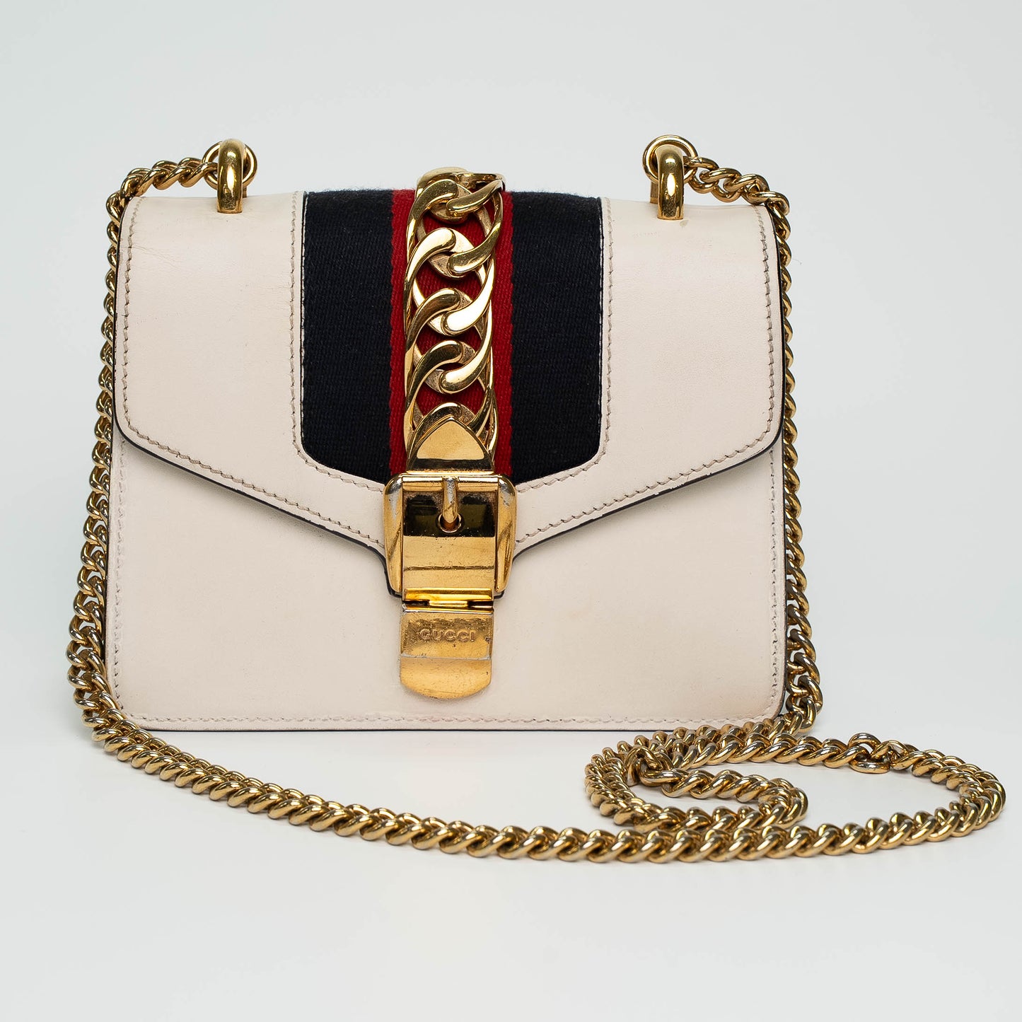 Gucci Sylvie Cream White Leather Flap Shoulder Bag