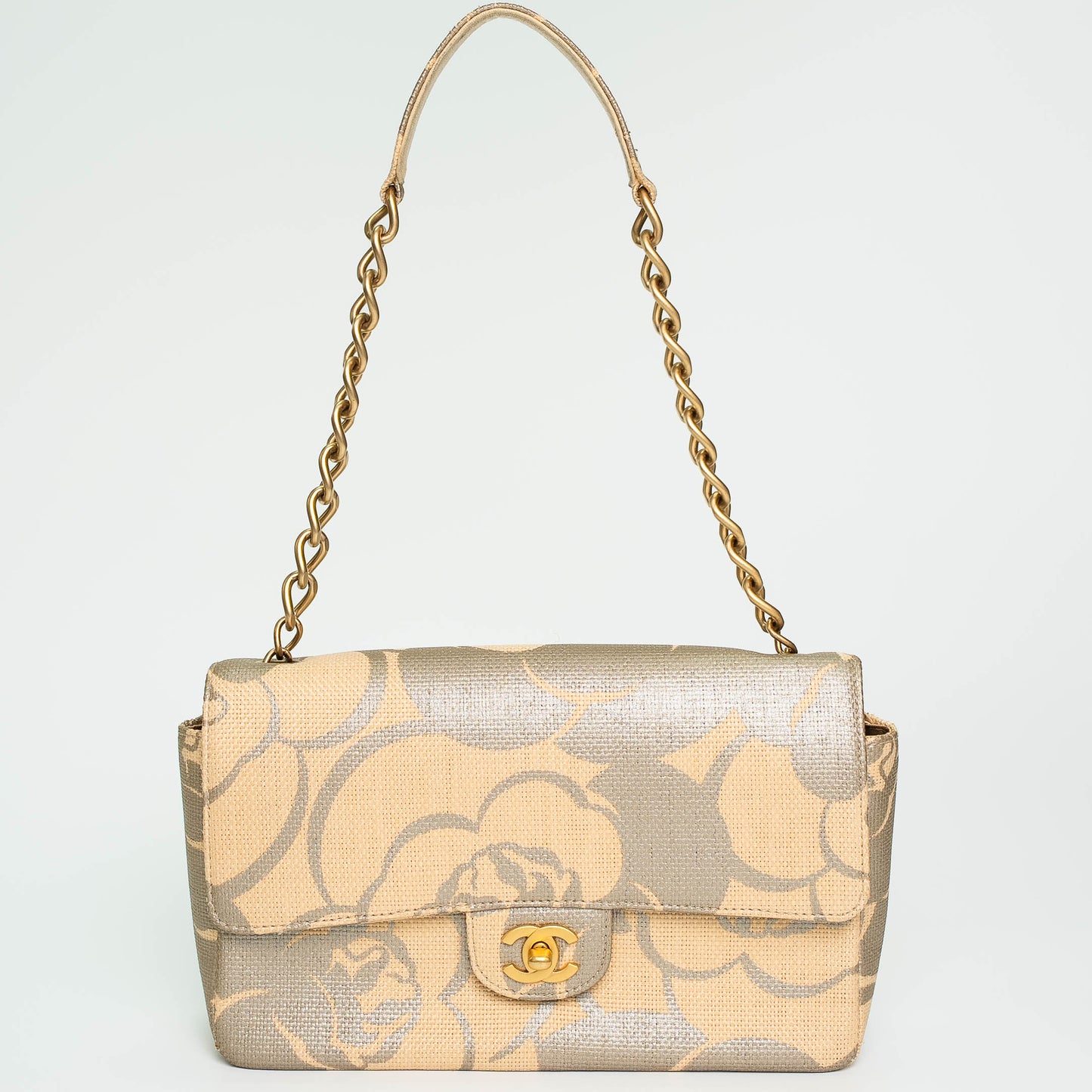 Chanel Camellia Raffia & Leather Chain Shoulder Bag