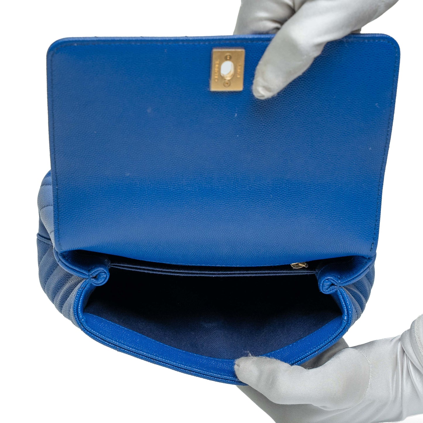 Chanel Blue Chevron Caviar Top Handle Bag