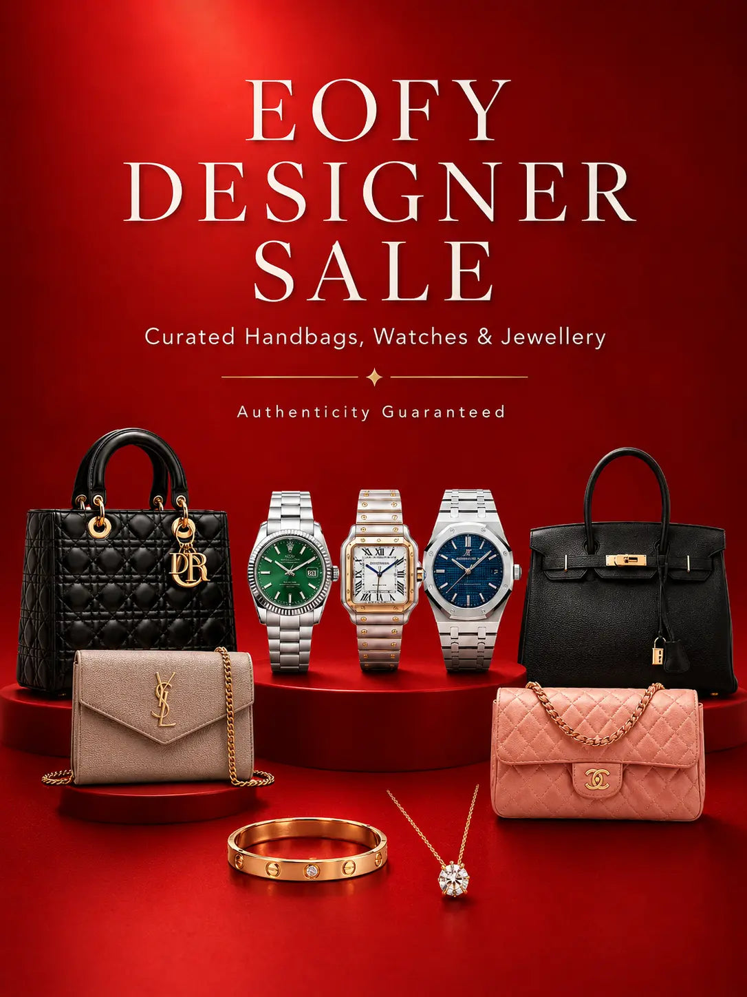 EOFY Designer Sale banner featuring curated luxury handbags, designer watches and fine jewellery on a red background with authenticity guaranteed text.