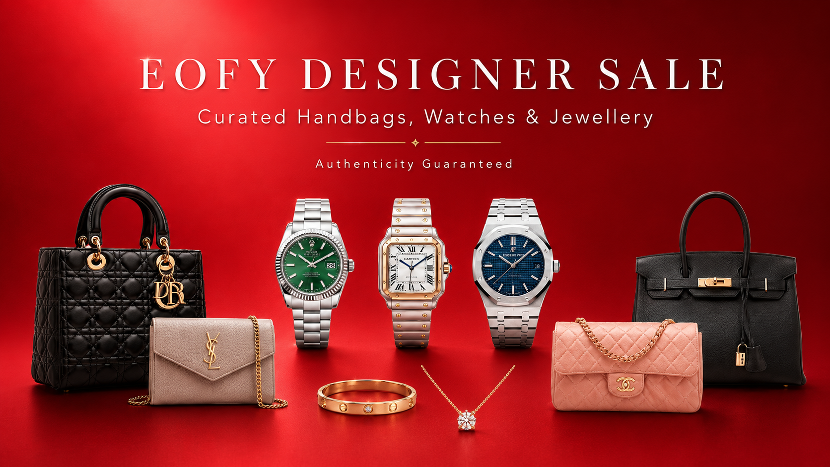EOFY Designer Sale banner featuring curated luxury handbags, designer watches and fine jewellery on a red background with authenticity guaranteed text.