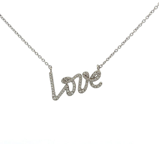 18ct White Gold 0.20ct Diamond “LOVE” Pendant & Chain image 0