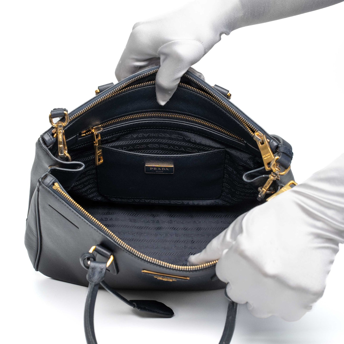 Prada Navy Saffiano Double Zip Tote