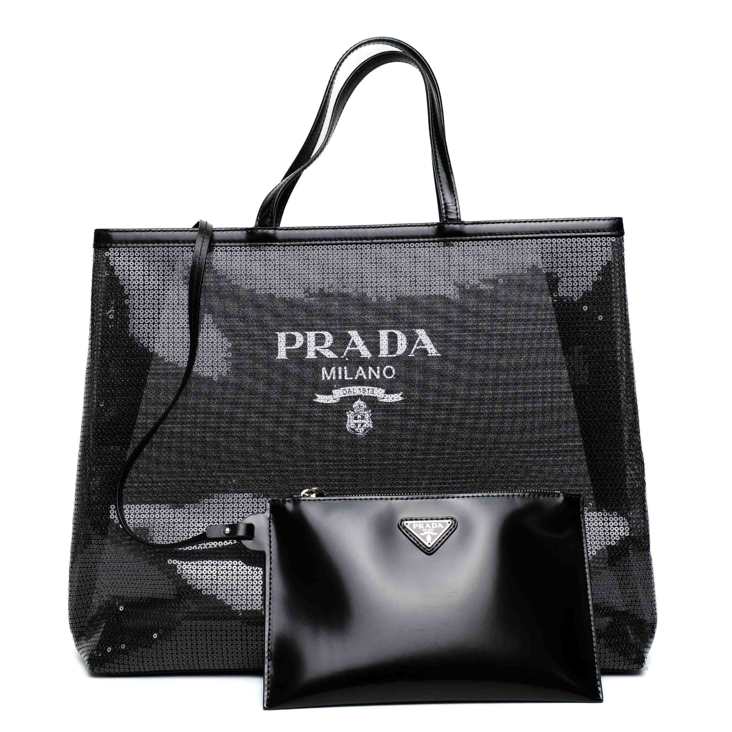 Prada Sequined Mesh Black Logo Tote