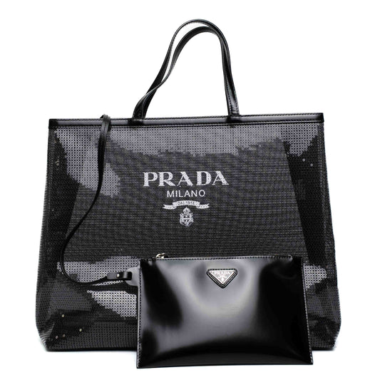Prada Sequined Mesh Black Logo Tote