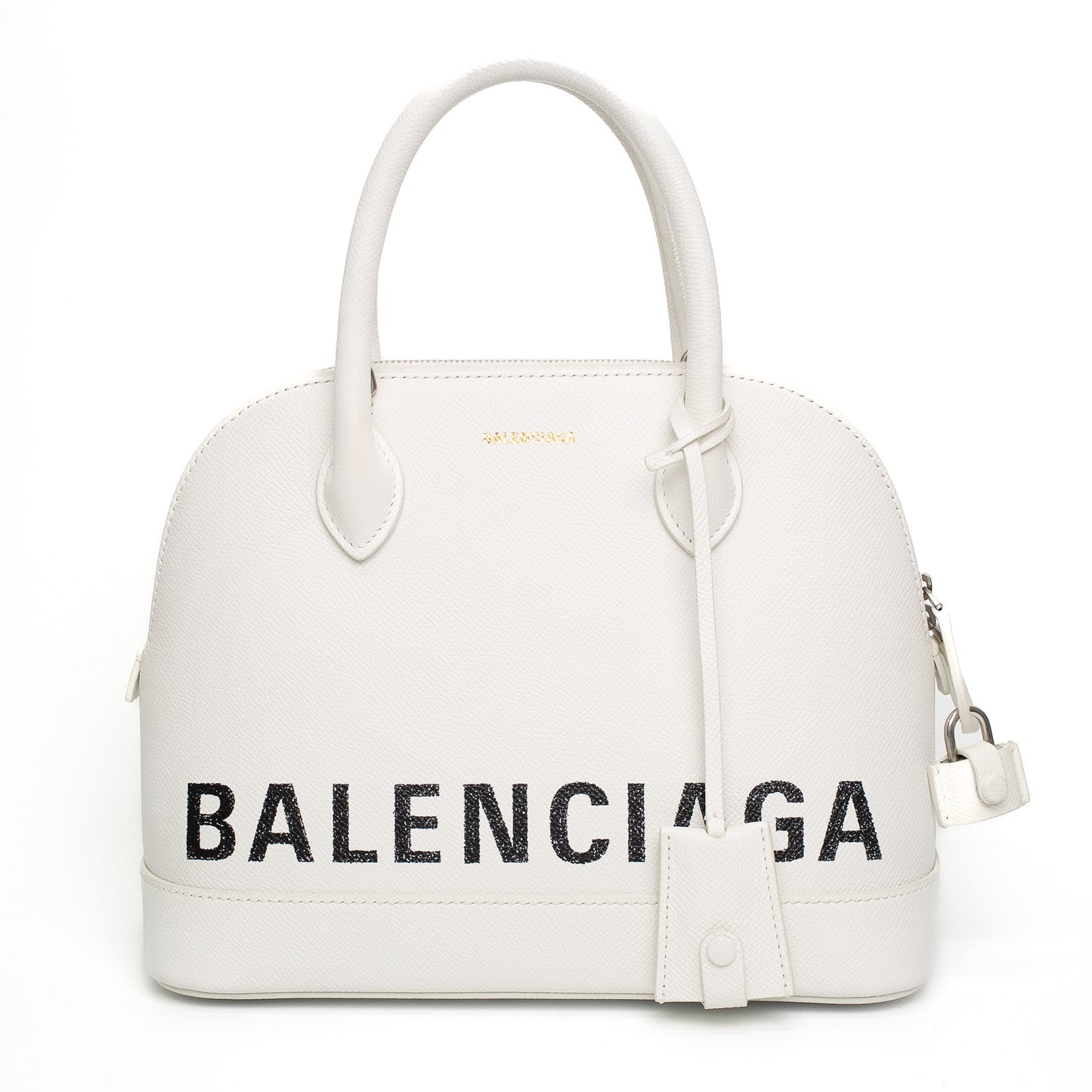 Balenciaga Logo White Smooth Leather Top Handle Bag