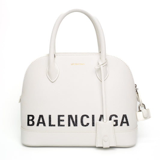 Balenciaga Logo White Smooth Leather Top Handle Bag