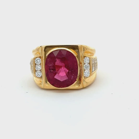 18ct Yellow Gold Rubellite Tourmaline Diamond Men's Ring
