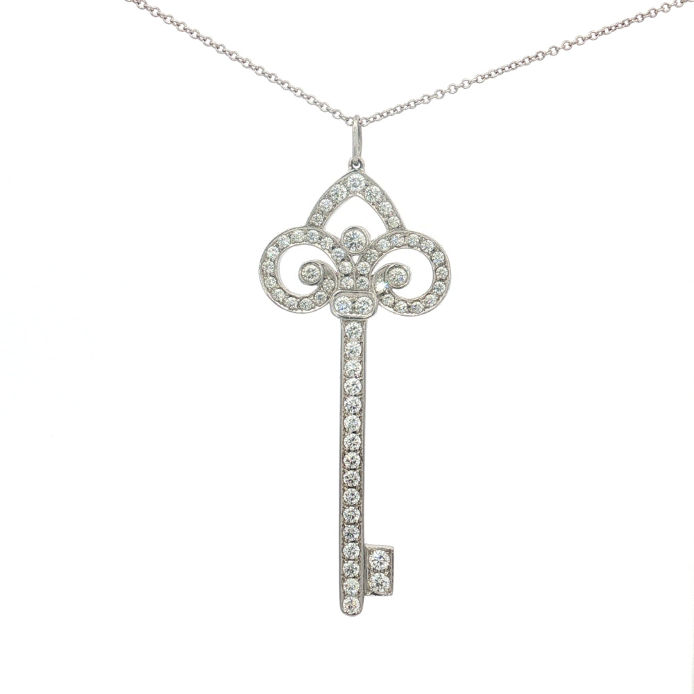 Tiffany & Co. Platinum Diamond Fleur de Lis Key Pendant Necklace