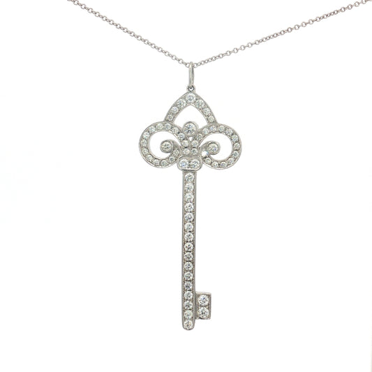 Tiffany & Co. Platinum Diamond Fleur de Lis Key Pendant Necklace